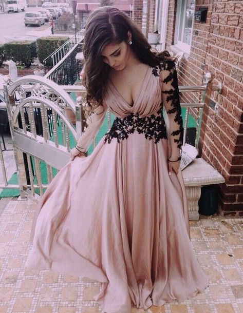 2015 V-Neck Evening Dress，Prom Dress for prom, Appliques Chiffon Prom Dress,Lo...