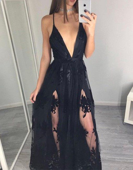 2017 Sexy Prom Dress,Black V Neck Prom Dresses,Sleeveless