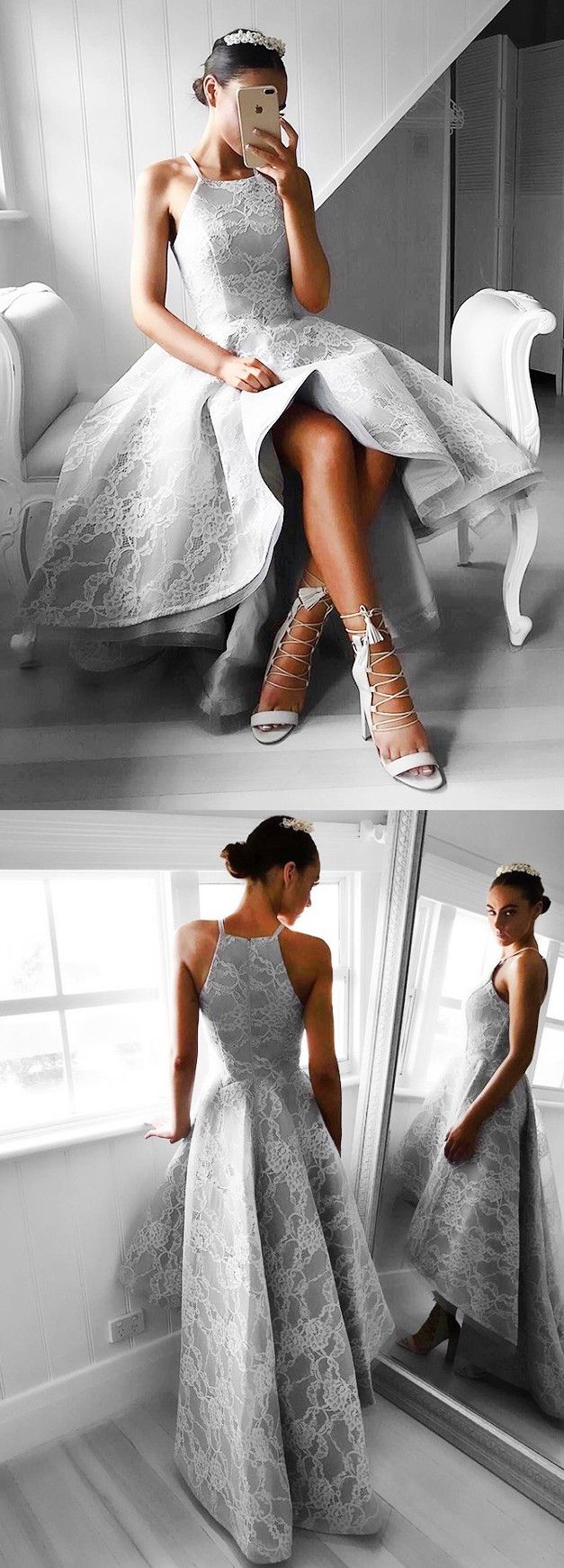 grey prom dresses,high low prom dresses,lace prom dresses,elegant prom dresses,2...