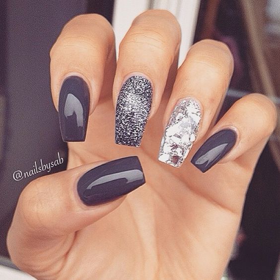 Grey, silver and gunmetal glitter - maybe switch the middle and index finger?? N...