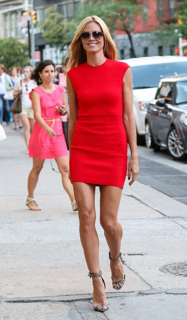 Heidi Klum wearing Alexander McQueen Floral Brocade Minidress and Giuseppe Zanot...