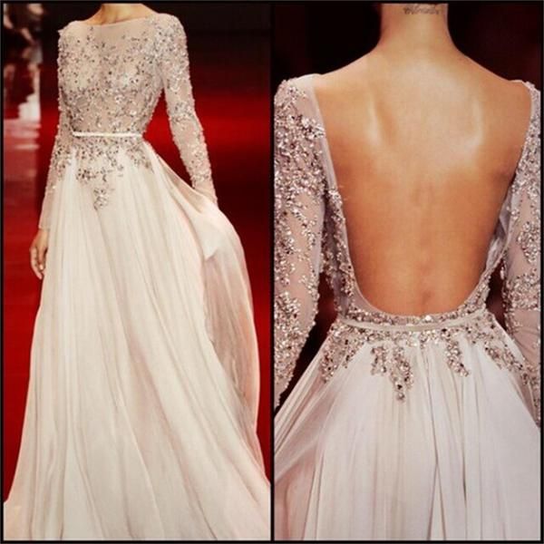 Long Sleeves Charming Floor-length Backless Cocktail Evening Party Cocktail Prom...