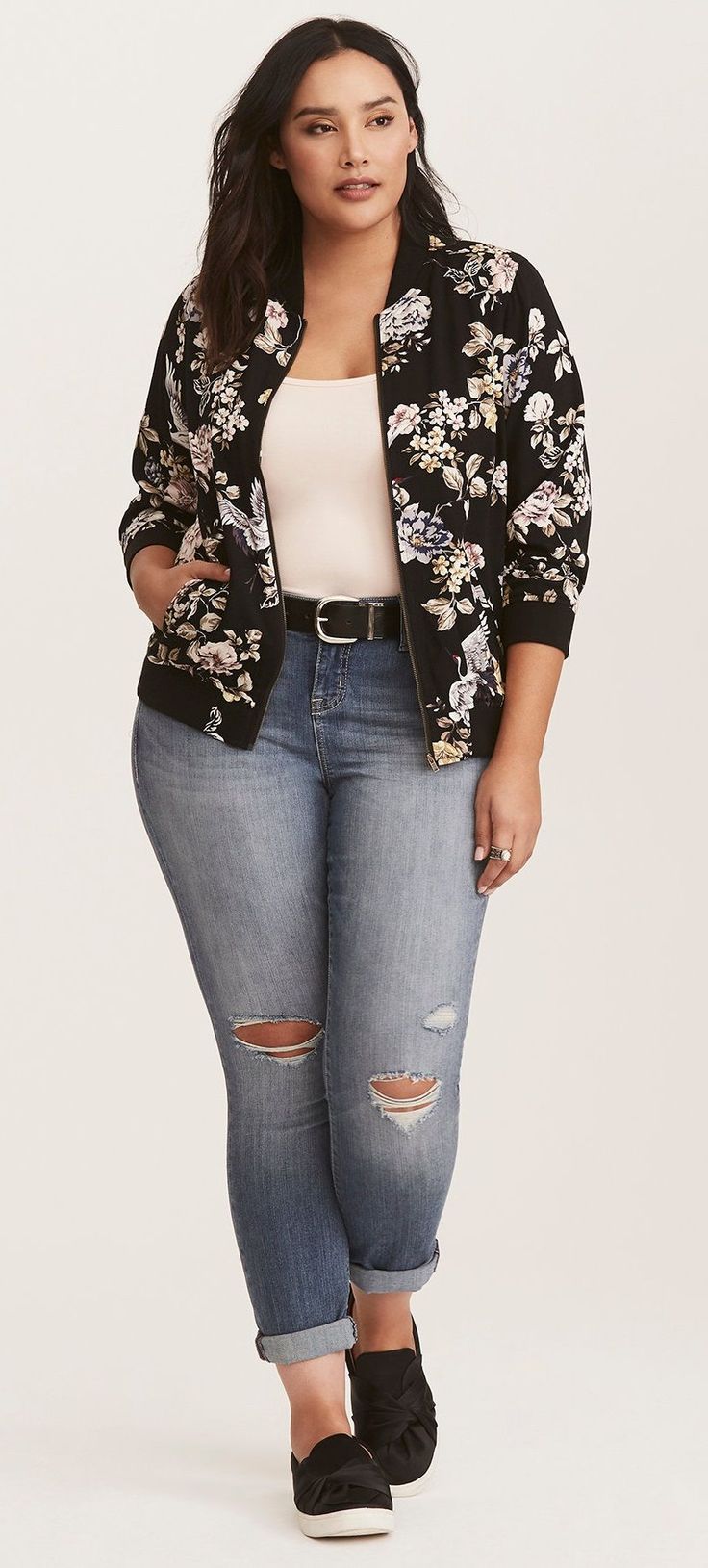 LOVE this jacket (and the shoes!) Torrid  :  Black Floral Twill Bomber Jacket  $...