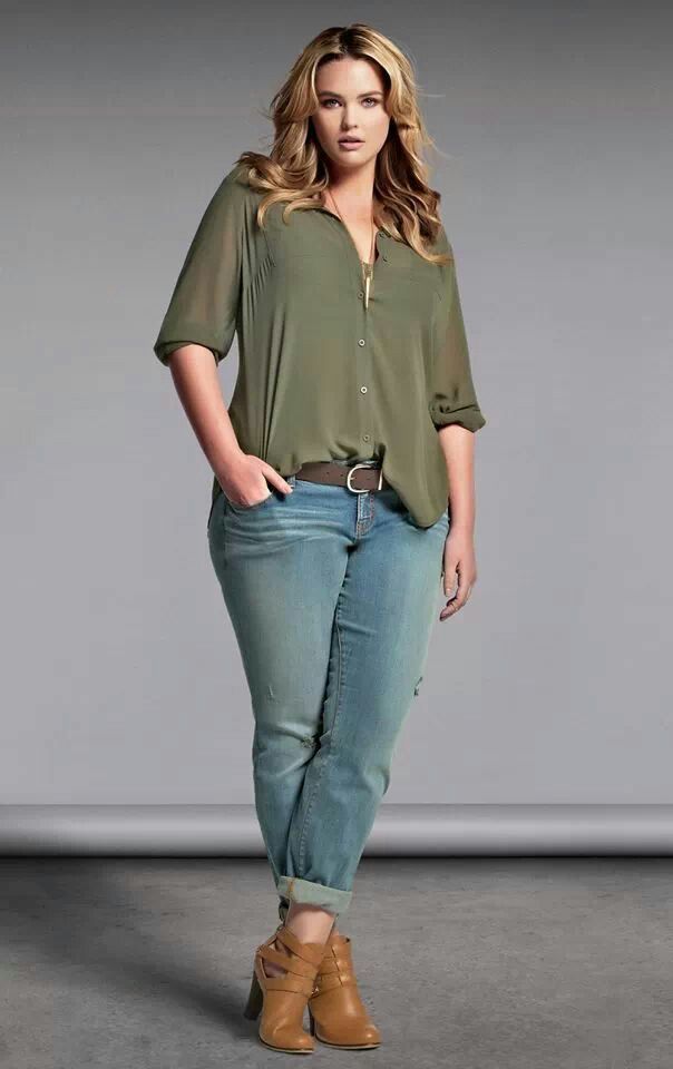 Plus Size outfit fashion torrid. Olive loose shirt tucked into jeans wholesalepl...