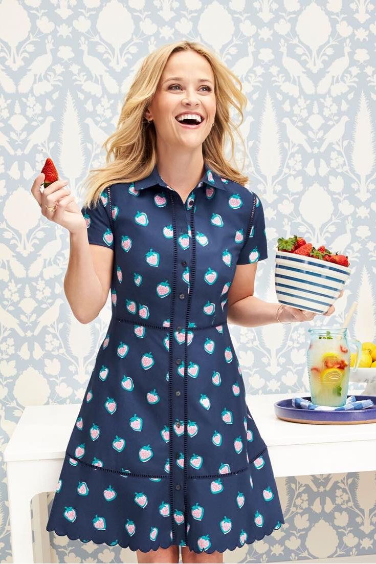 Reese Witherspoon celebrates National Strawberry Day in her Draper James blue pr...