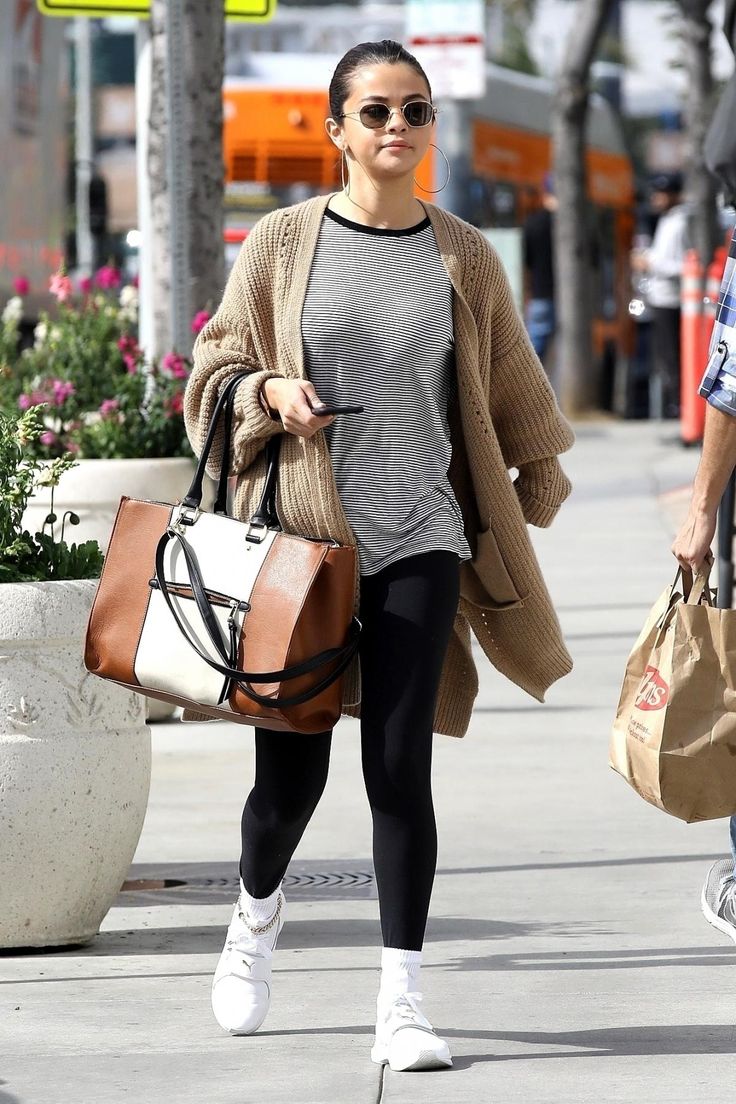 Selena Gomez wearing Merona Color Block Tote Faux Leather Bag in Cognac, Puma Ph...