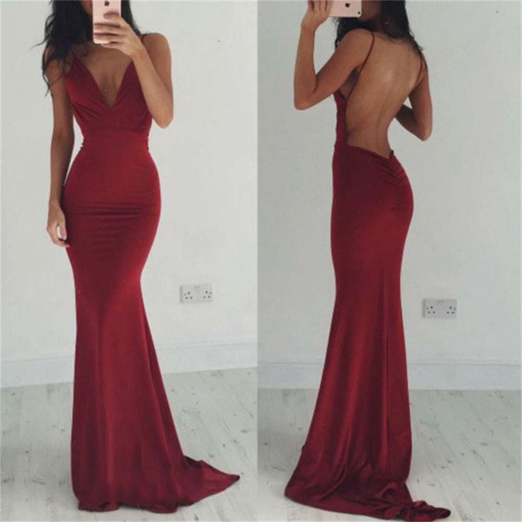 Sexy Maroon Jersey Spaghetti Backless Prom Dresses The dress is fully lined, 4 b...