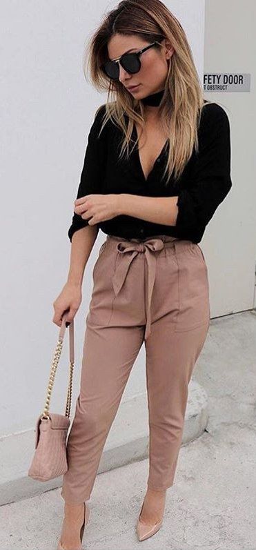 #spring #outfits  Black Blouse + Blush Bow Pants + Nude Pumps