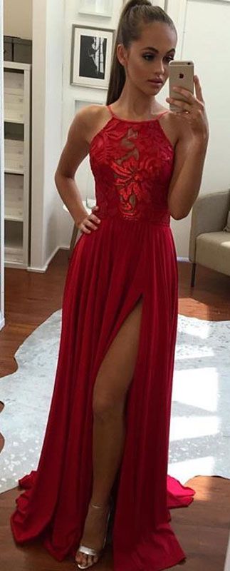 Unique Prom Dress,A-Line Prom Dresses,Halter Prom Dress,Split-Front Prom Gowns,C...