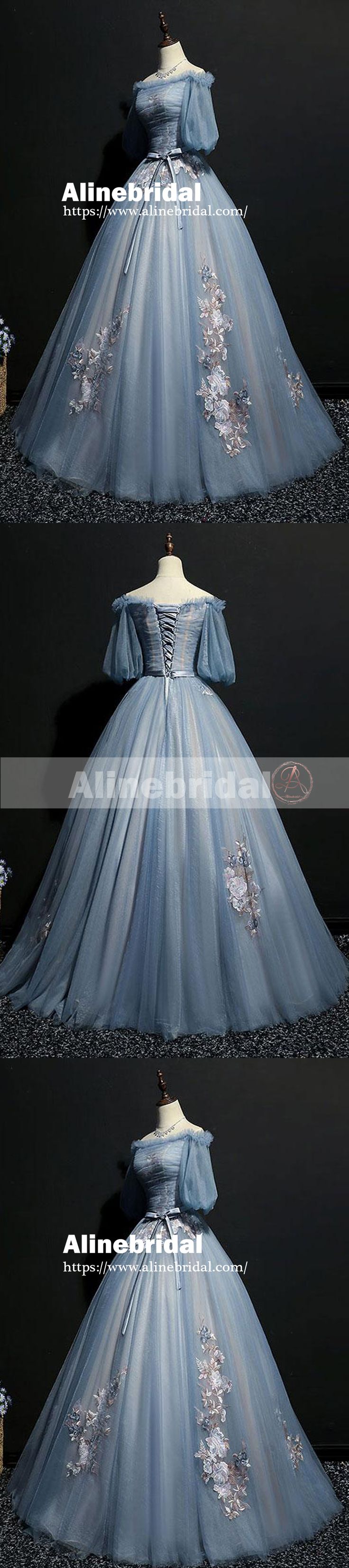 Vintage Princess Off Shoulder Half Sleeve Sky Blue Appliques Ball Gown Prom Dres...