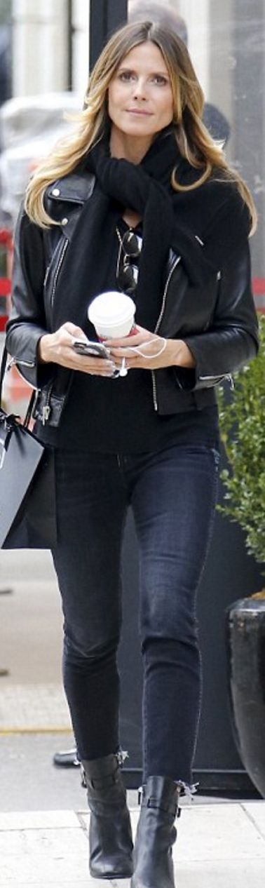 Who made  Heidi Klum's black leather jacket, gray skinny jeans, and ankle bo...