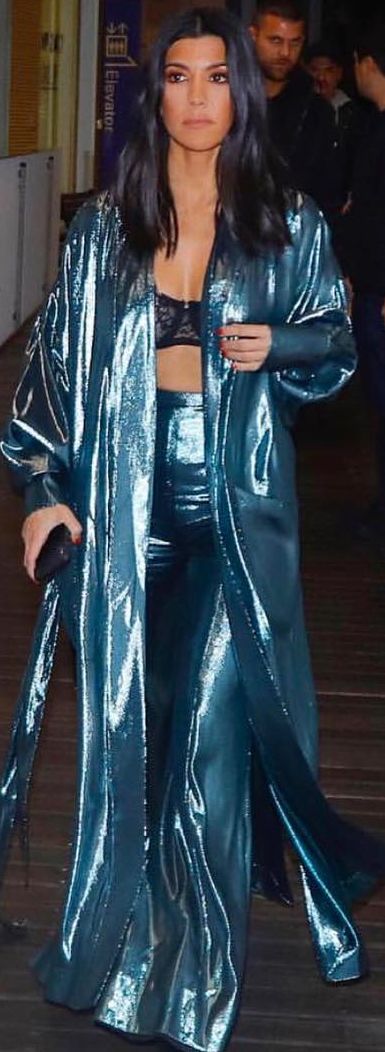 Who made Kourtney Kardashian's blue coat and shiny metallic pants?