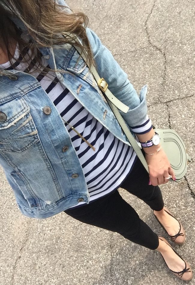 Jean jacket, stripe top, black jeans, tan flats. Teacher outfit. Casual chic. Fa...
