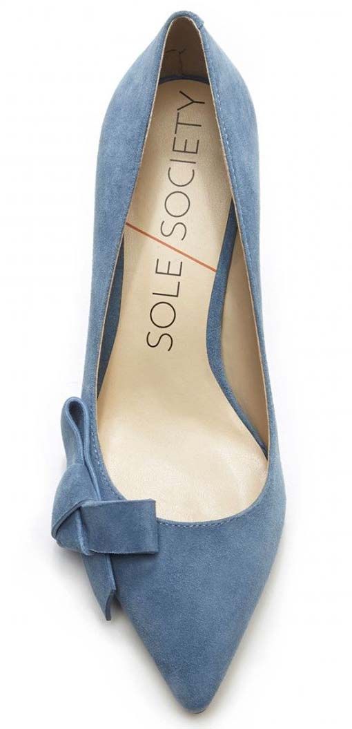 Lush chambray suede mid heels pump with a pointed toe and ladylike bow