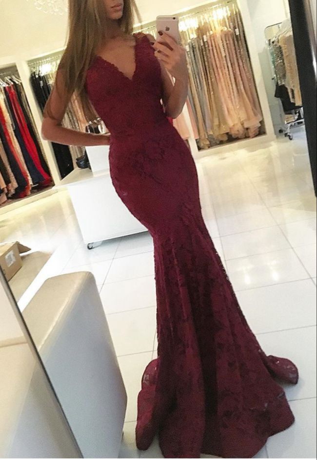 Mermaid Prom Dresses,Lace Prom Dresses,Burgundy Prom Dresses,V-neck Prom Dresses...