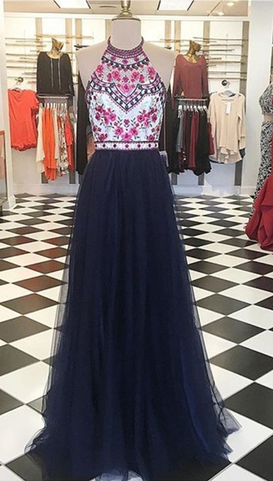 Prom Dresses,Evening Dress,Party Dresses,Modern Halter Floor-Length Navy Blue