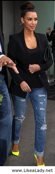 The example of how a shoe can transform an entire outfit: neon yellow shoes, bla...