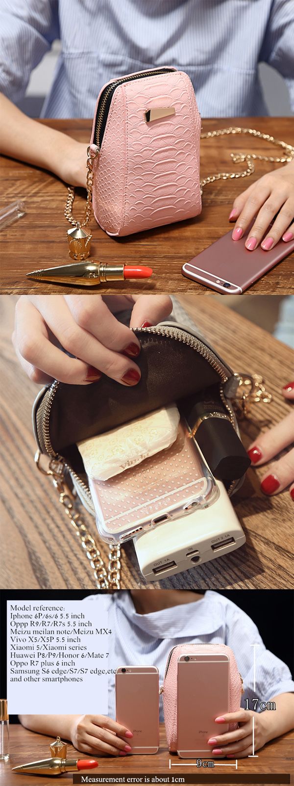 With a metal chain, as a shoulder bag.You can carry a smartphone, money and othe...