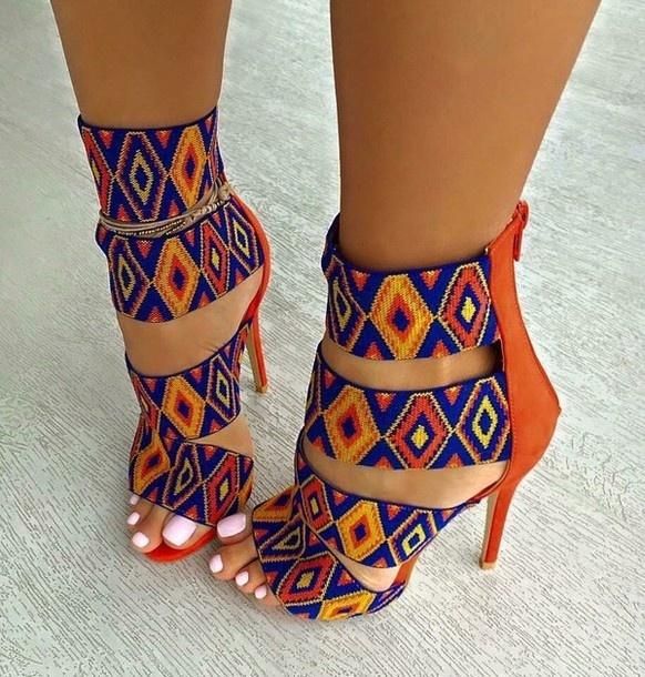 Women High Heel Sandals Sexy Print Orange Summer 8cm Stiletto Heel