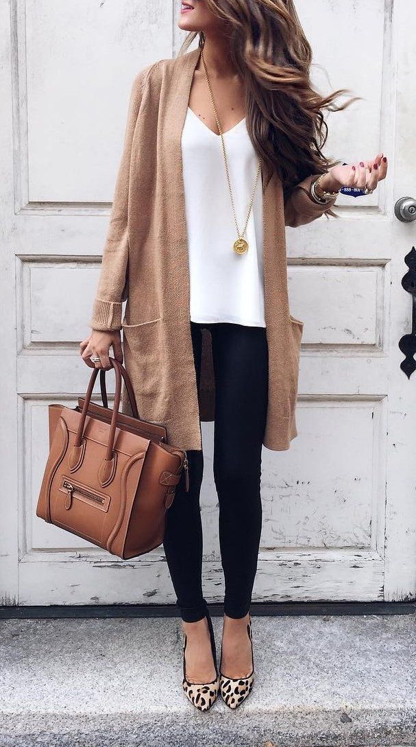 Camel Cardigan + White Top + Skinny Jeans                                       ...