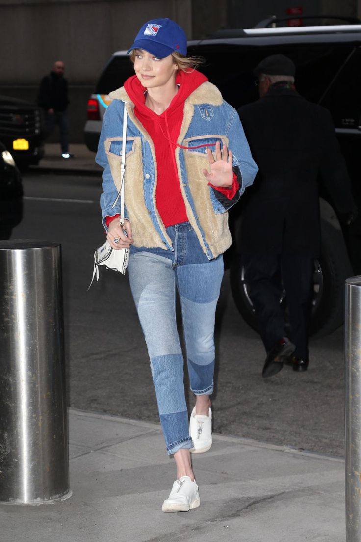 Gigi Hadid wearing Prada Etiquette Bag, '47 Brand New York Rangers Hat, Reeb...