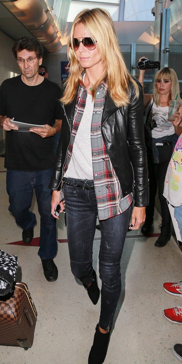 Heidi Klum arrives at LAX airport in a biker-chic ensemble. // #Celebrity #Leath...