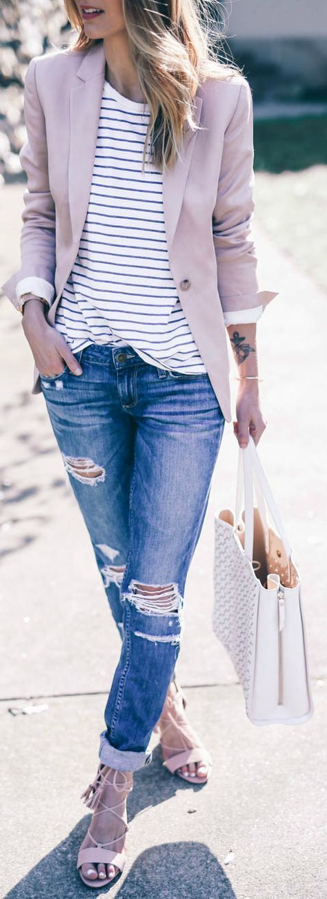 Jess Ann Kirby + classic spring style + distressed denim jeans + striped tee + p...