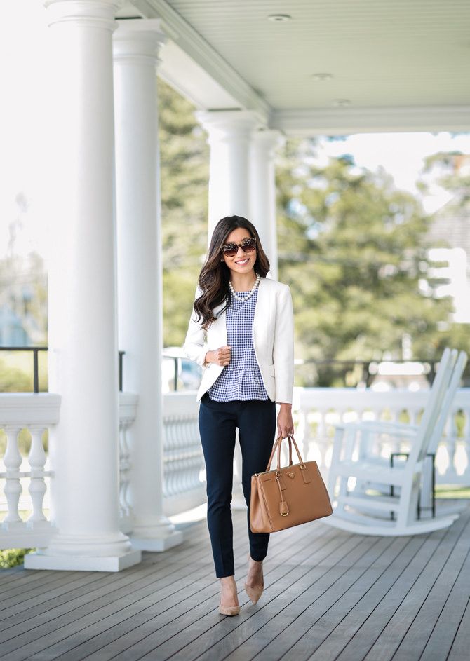 (navy ankle pants + white blazer + peplum top) professional work outfit ideas //...