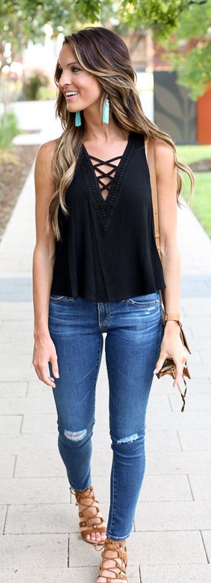 #spring #outfits Black Laced Up Tank + Ripped Skinny Jeans