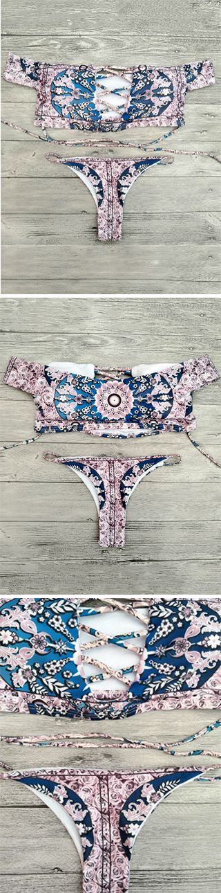 $11.99 Floral Lace-Up Off The Shoulder Bikini Set