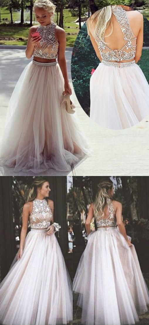 2017 prom dress, two piece prom dress, white beads prom dress, formal evening dr...