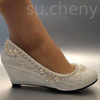 2” heel wedges lace white light ivory pearl Wedding shoes Bridal low size 5-10...