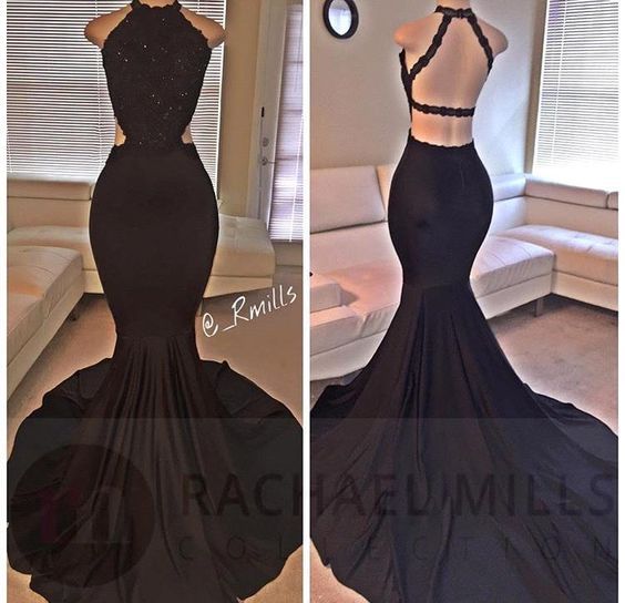 Black Prom Dresses,Mermaid Prom Dress,Lace Prom Dress,Backless Evening Gowns