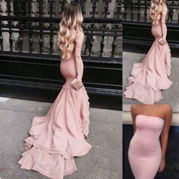 Blush Pink Prom Dresses Mermaid Strapless Satin Bodycon Evening Gowns With Court...