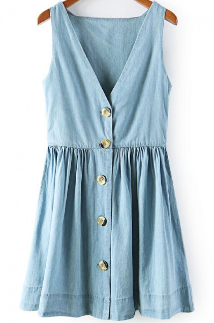 Buy Blue V Neck Sleeveless Buttons Denim Dress from abaday.com, FREE shipping Wo...