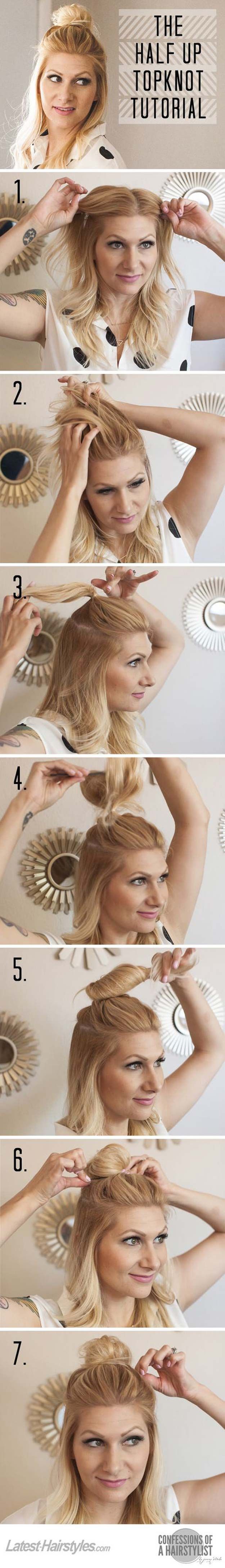 Cool and Easy DIY Hairstyles - The Half Up Top Knot - Quick and Easy Ideas for B...