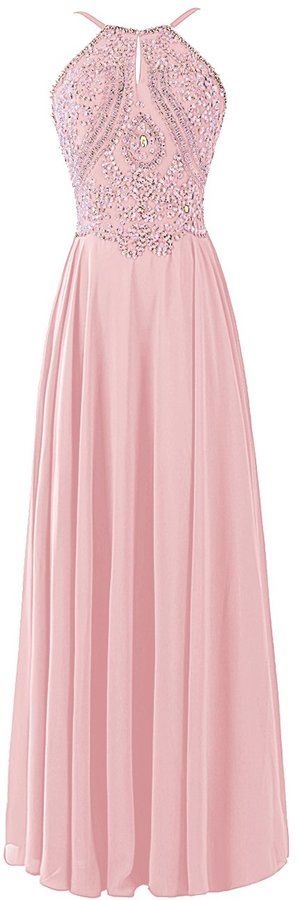 Dresstells® Chiffon Prom Dress Long Halter Bridesmaid Gown with Beads Champagne...