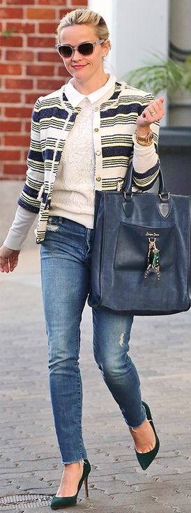 Fashion Faceoff | People - Reese Witherspoon in distressed skinny jeans, a navy-...