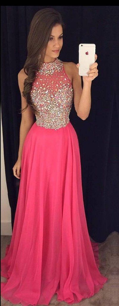 Hot Pink Prom Dress with Top Beading, Prom Dresses,Graduation Party Dresses, Pro...