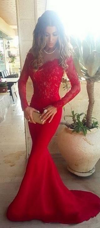 Long Sleeves Red Lace Long Prom Dresses,Wedding Dress,Mermaid Sheath Evening Dre...