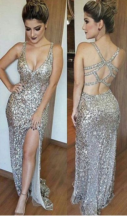 Luxurious Mermaid Long Prom Dress with Side Slit Evening Dress, Deep V-Neck Open...