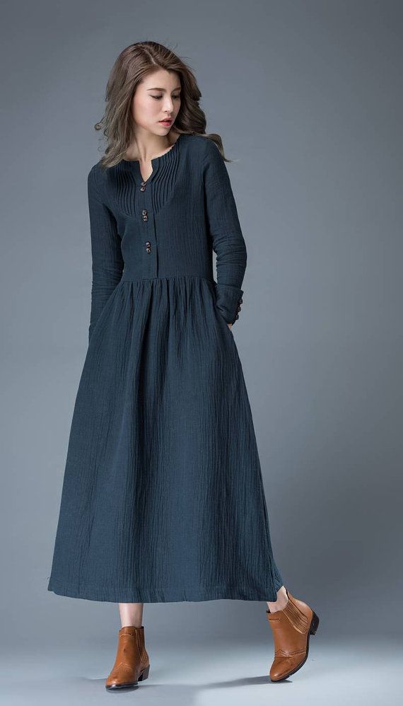 Navy Blue Summer Dress - Linen Comfortable Casual Everyday Fit & Flare Office or...