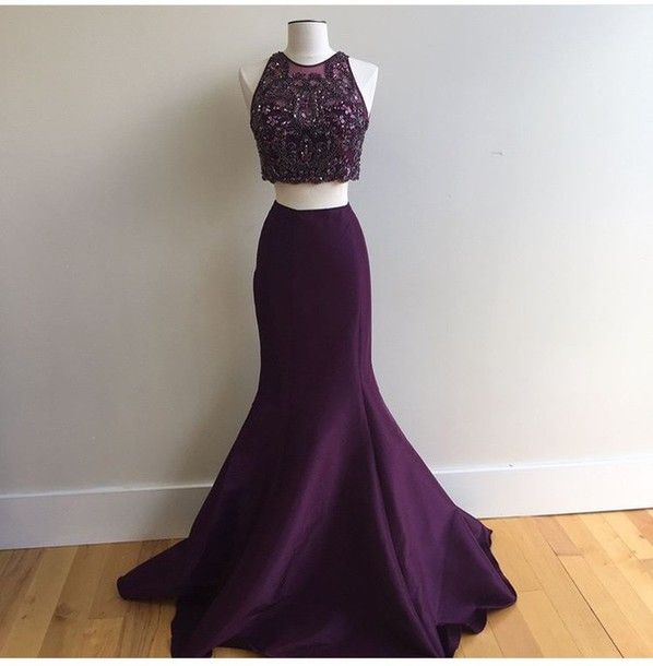 Purple Long Mermaid Beaded Prom Dresses,Two Pieces Evening Dresses