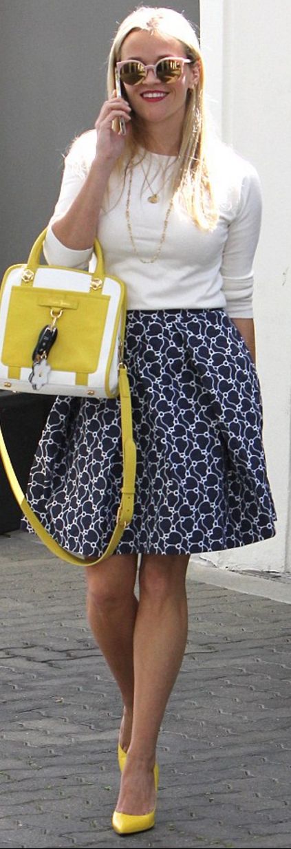 Reese Witherspoon: Sunglasses, purse, key chain, and skirt- Draper James  Shoes ...