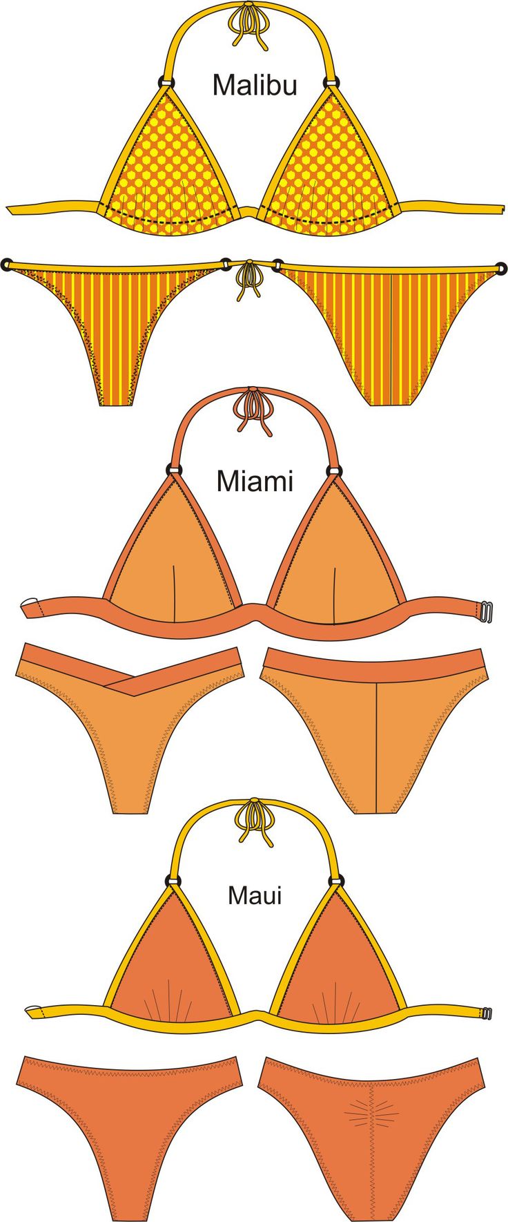 Sewing patterns for the 3 Classic Triangle bikini tops and 3 tangas bottoms in s...