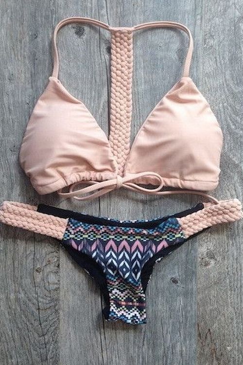 Spaghetti Strap Tie-Up Printed Bikini Set PINK: Swimwear | ZAFUL