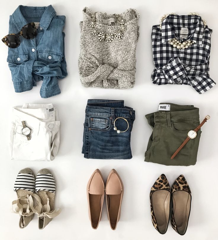 Spring outfit ideas: Chambray shirt with white pants and striped espadrilles. Gi...
