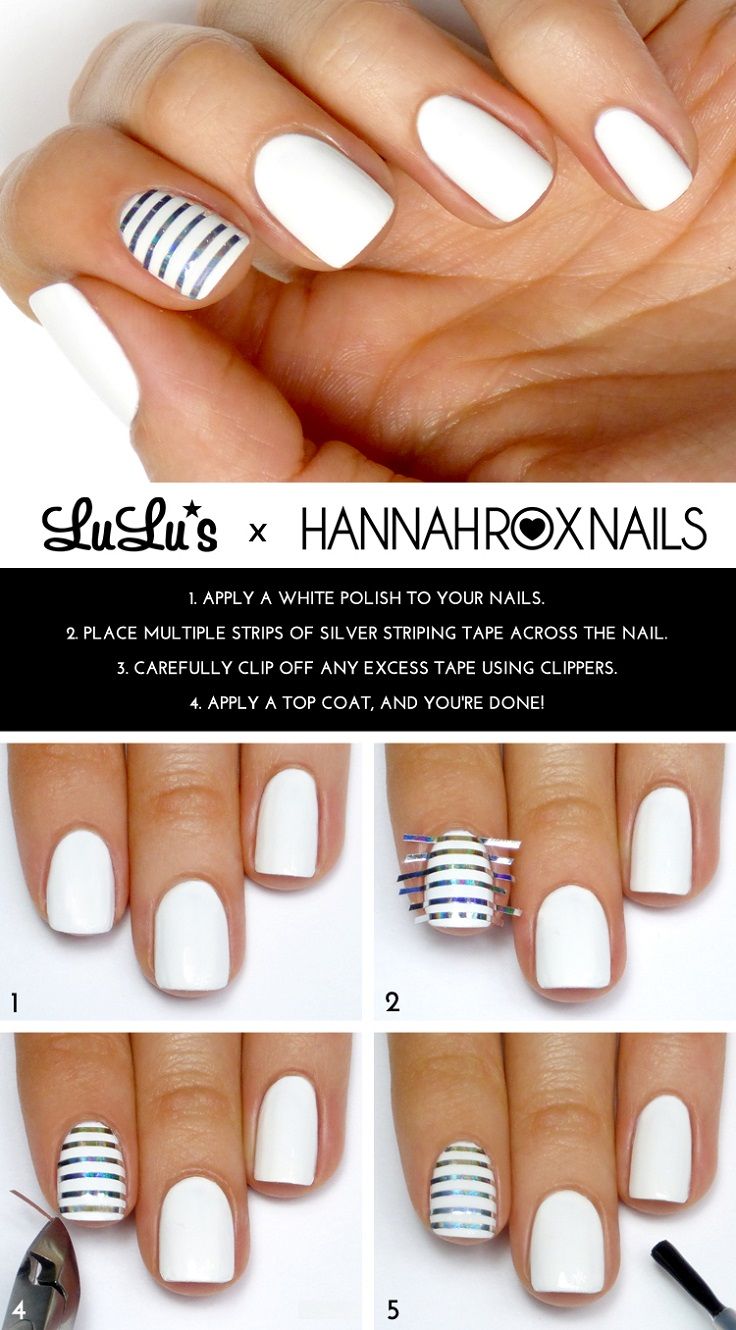 Top 10 Most Wanted Nail Art Tutorials White and silver striped accent nails