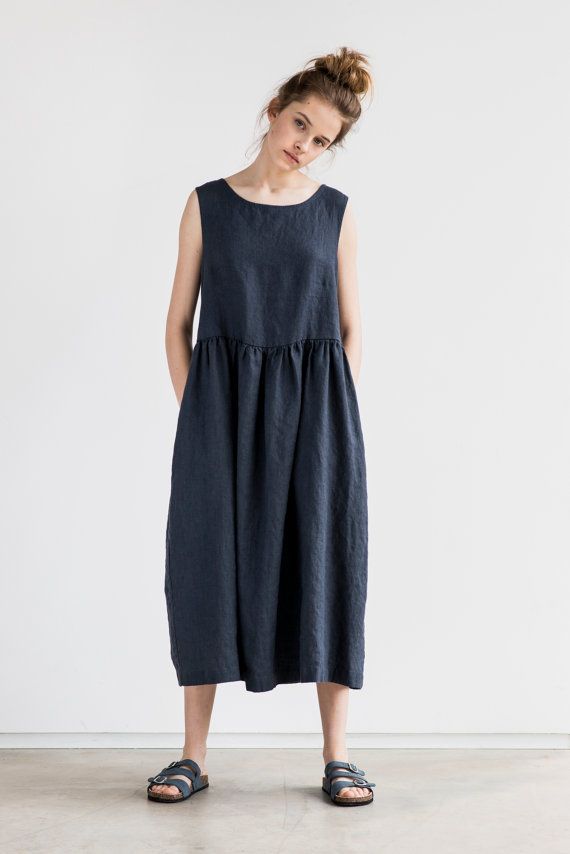 Washed and soft maxi linen loose dress for simple and casual look. The length of...