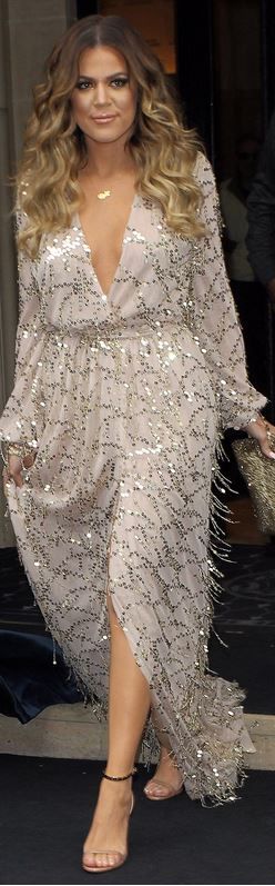 Who made  Khloe Kardashian's silver sequin and beaded fringe wrap maxi dress...